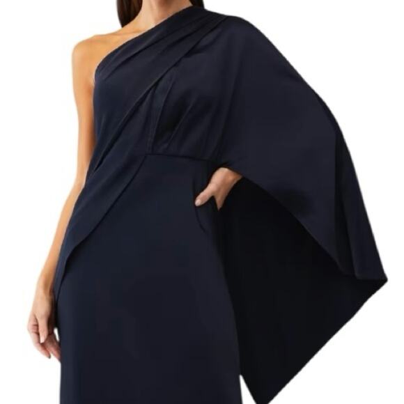 Significant Other One Shoulder Gown Navy Leg Slit 2 Luxury Cocktail Minimalist - Picture 2 of 7